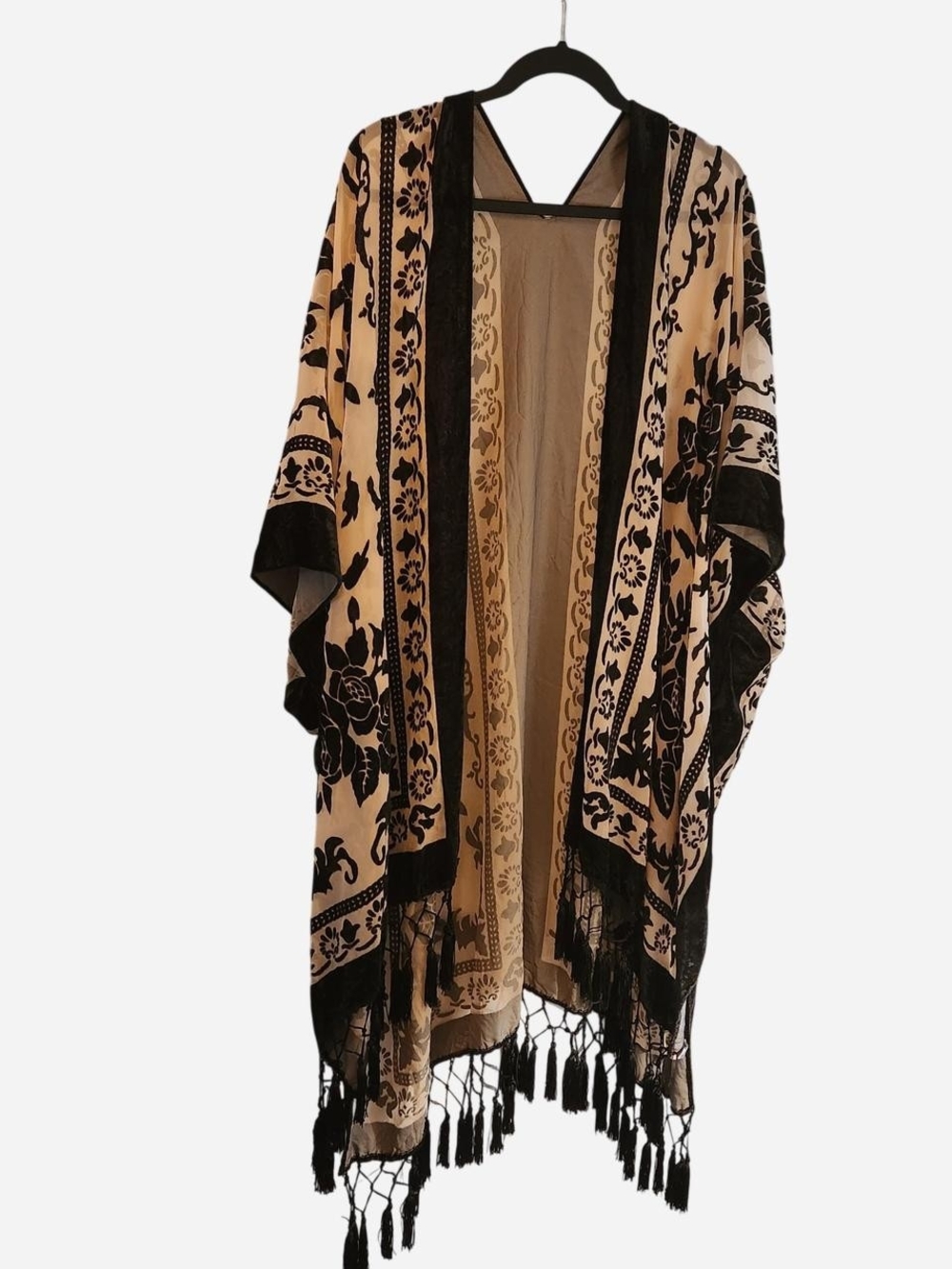 Fringed Floral Velvet Burnout Kimono Cape - Black on Beige Stevie Nicks Style